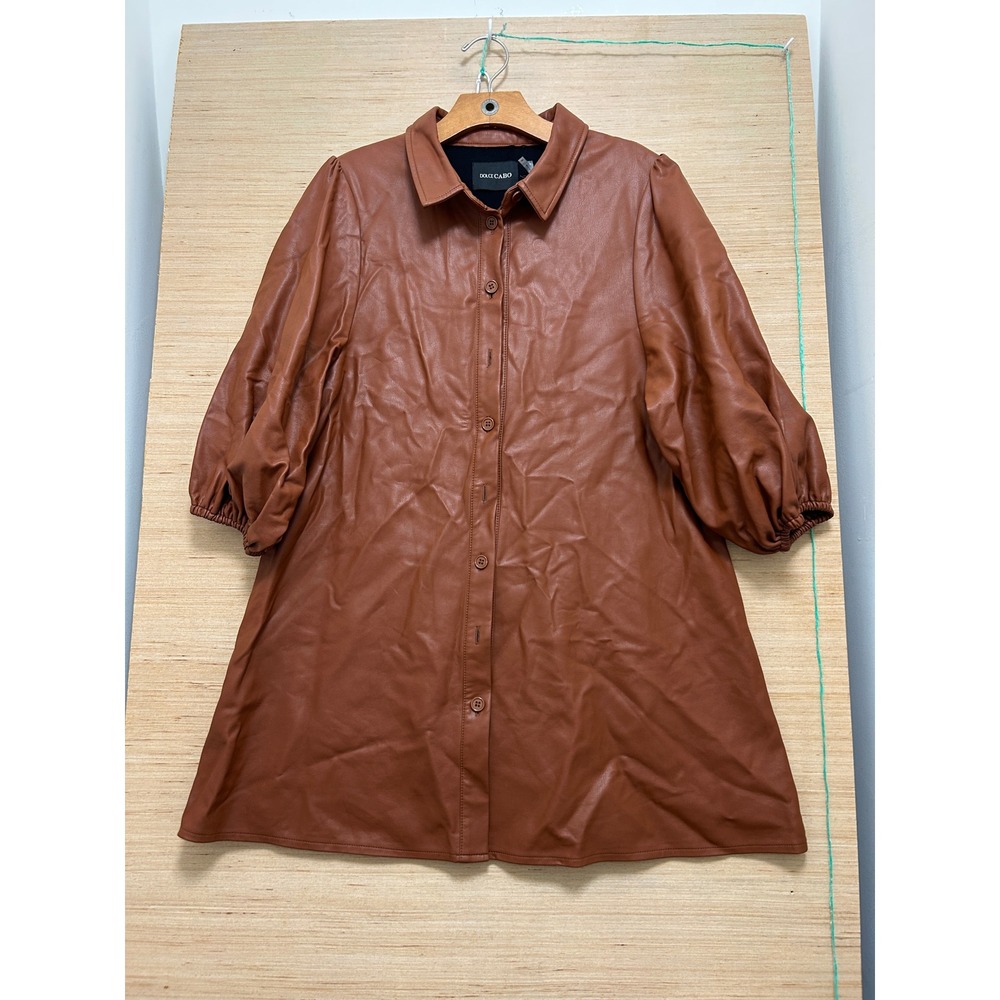 Dolce Cabo Faux Leather Puff Sleeve Shirt Dress‎ Cognac Brown Medium Collared